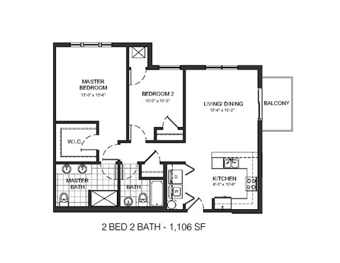 Floor plan for 2 beds, 2 baths, 1095 sqft